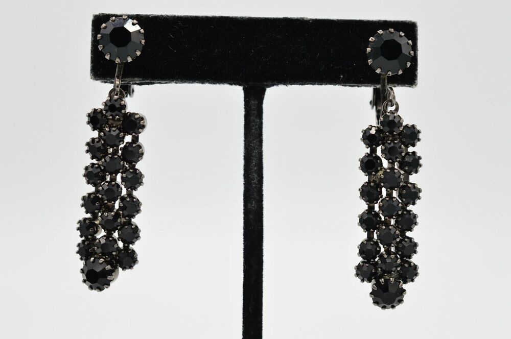 Vintage Statement Earrings Clip On Black Rhinestone Crystal Gunmetal Dangle 9H